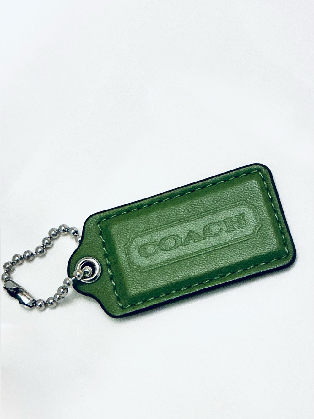 COACH, Green Leather Rectangular Key Tag with Silver Ball Chain